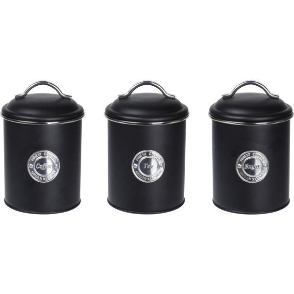 Förvaringsburkar för kaffe/te/socker, svart metall