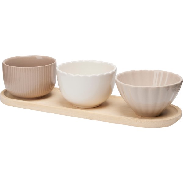 Skålset, 3 stengodsskålar, bambusbricka