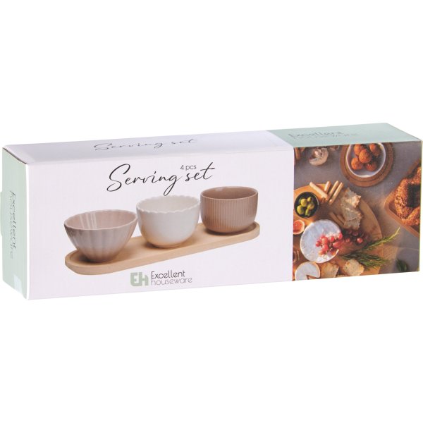 Skålset, 3 stengodsskålar, bambusbricka