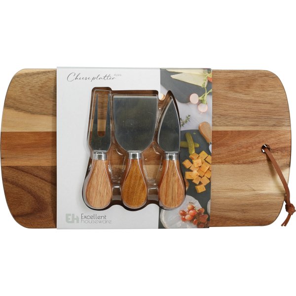 Ostbricka med knivar, akaciaträ, 4 delar