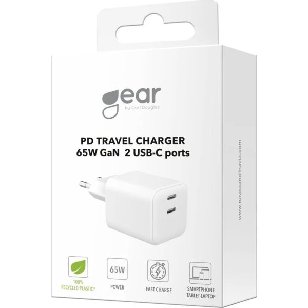 GEAR Laddare, 65W, 220V, 2x USB-C - Vit