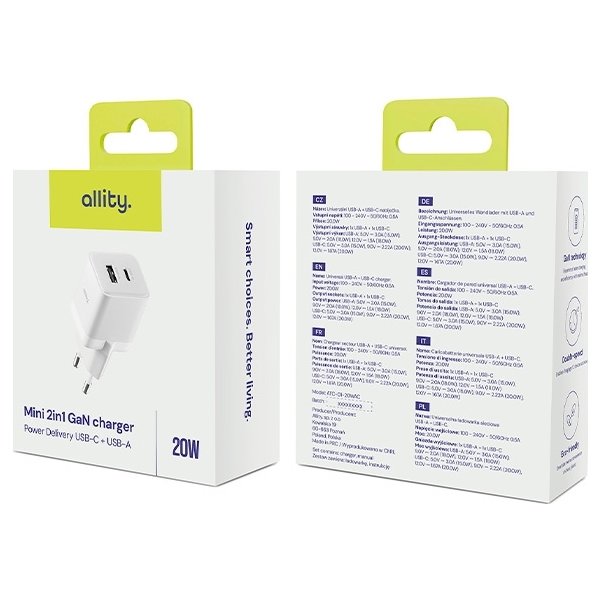 Allity Laddare, 1x USB-C, 1x USB-A, 20W - Vit