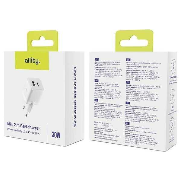 Allity Laddare, 1x USB-C, 1x USB-A, 30W - Vit