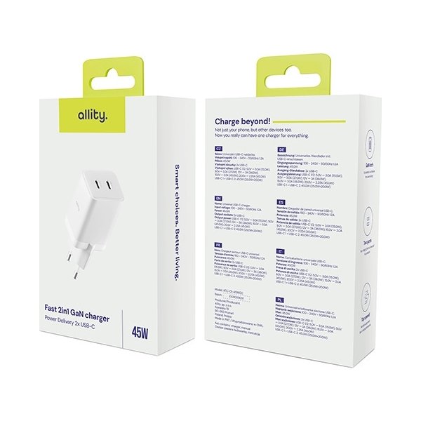 Allity Laddare, 2x USB-C, 45W - Vit