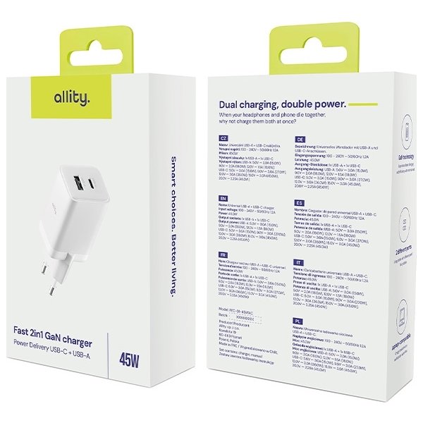 Allity Laddare, 1x USB-C, 1x USB-A, 45W - Vit