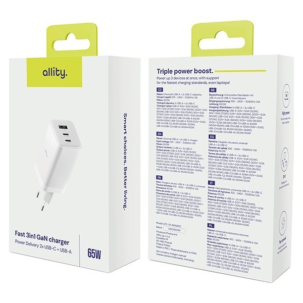 Allity Laddare, 2x USB-C, 1x USB-A, 65W - Vit