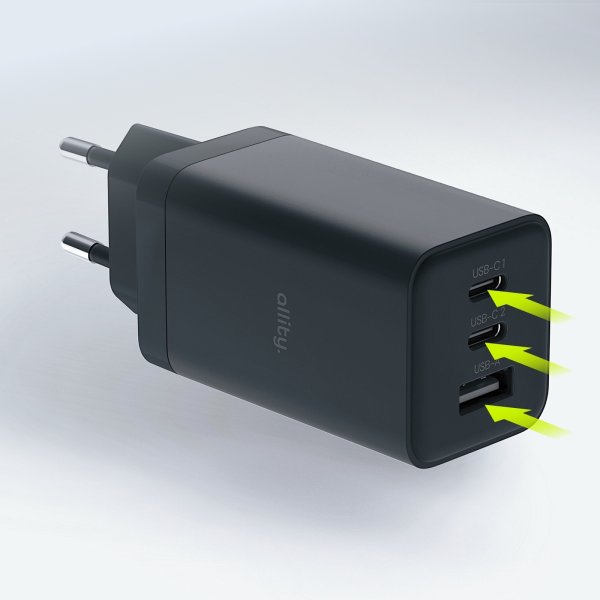 Allity 2x USB-C, 1x USB-A, 65W - Svart