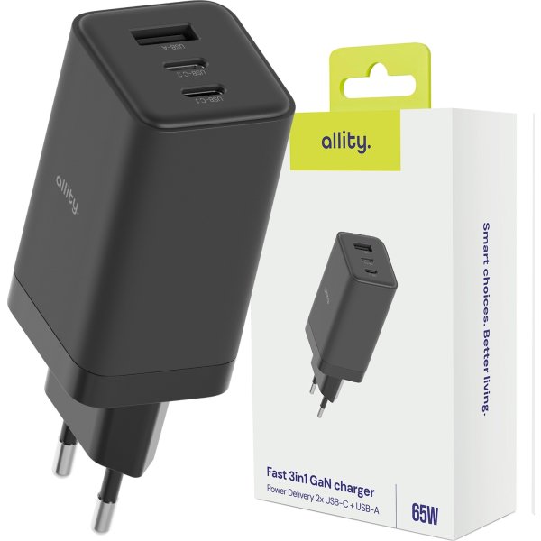 Allity 2x USB-C, 1x USB-A, 65W - Svart