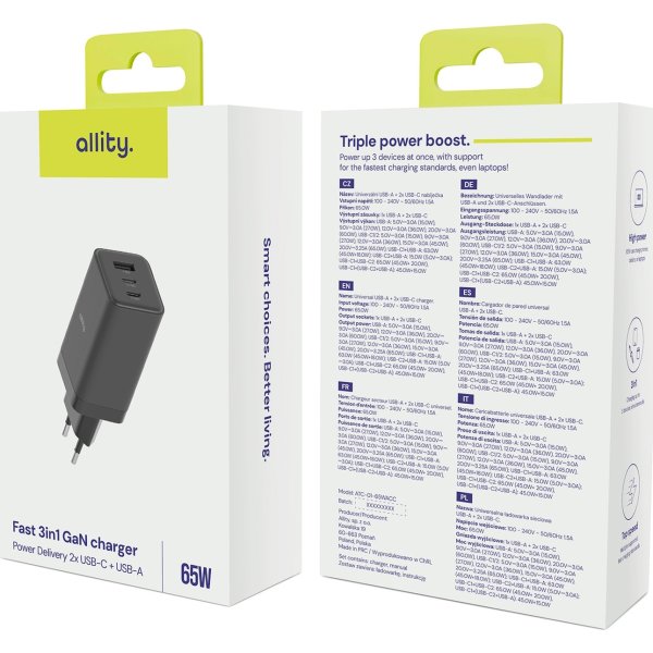 Allity 2x USB-C, 1x USB-A, 65W - Svart
