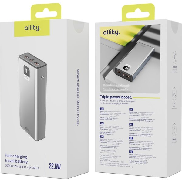 Allity Powerbank, 22,5W, 20000 mAh - Grå