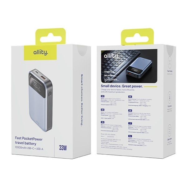 Allity Powerbank, 33W, 10000 mAh - Grå