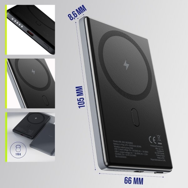 Allity Powerbank, trådlös - 20W, 5000 mAh - Grå