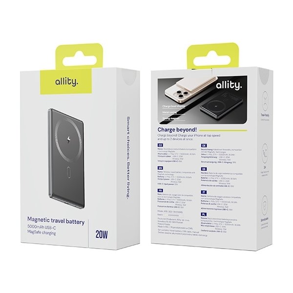 Allity Powerbank, trådlös - 20W, 5000 mAh - Grå