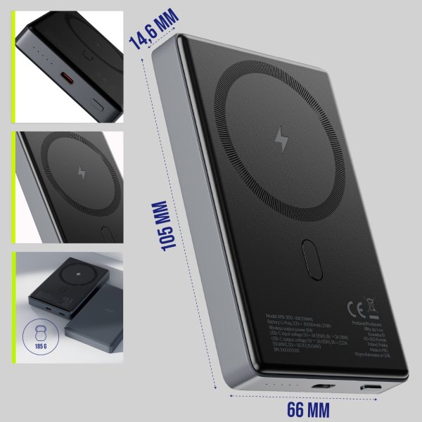 Allity Trådlös powerbank, 20W, 10000 mAh - Grå