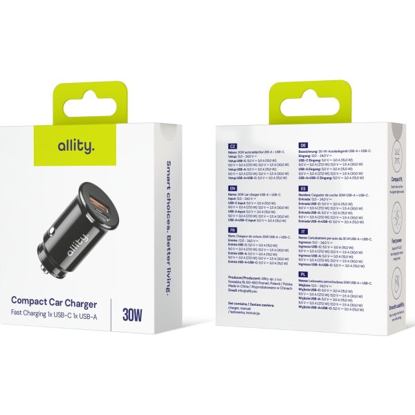 Allity Cigarstik, 1x USB-C, 1x USB-A. 30W - Svart