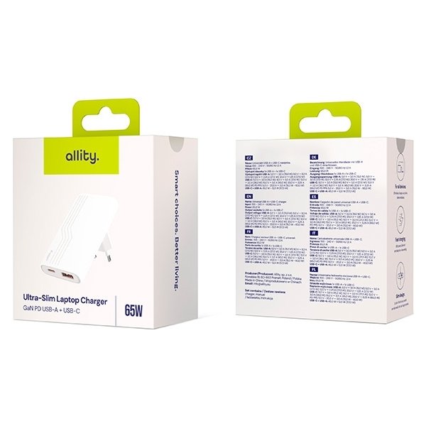 Allity Laddare, 1x USB-C, 1x USB-A, 65W - Vit