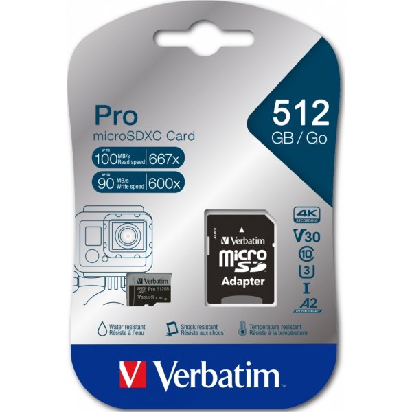 Verbatim Micro SDXC-kort, 512GB - Adapter