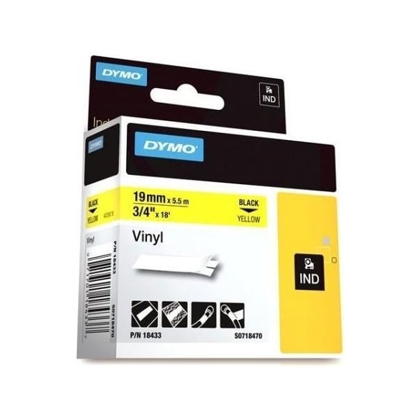 Dymo Rhino Vinyltape 19mm, svart på gul