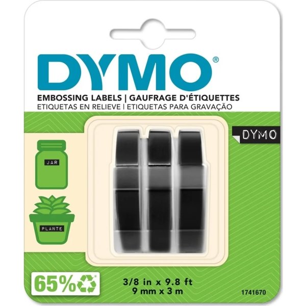Dymo 3D präglingstape med lim, 9 mm, svart, 3 st