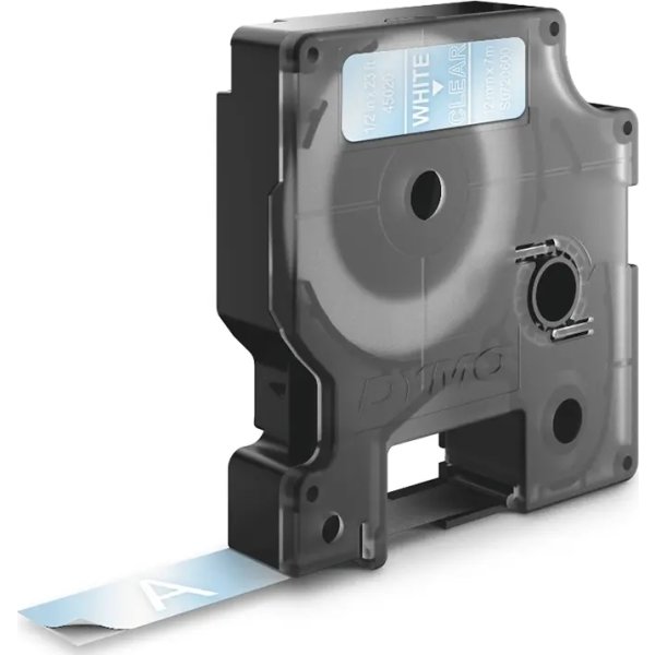 Dymo D1 etikettband 12mm, vit på klar