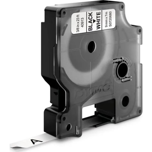 Dymo D1 etikettape, 9 mm, svart på vit