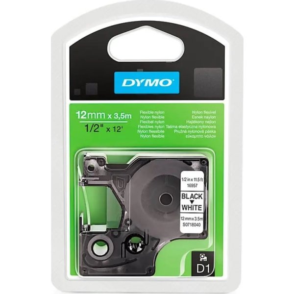 Dymo D1 polyestertape, 12 mm, svart på vitt