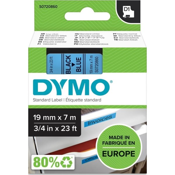 Dymo D1 etikettape, 19 mm, svart på blå