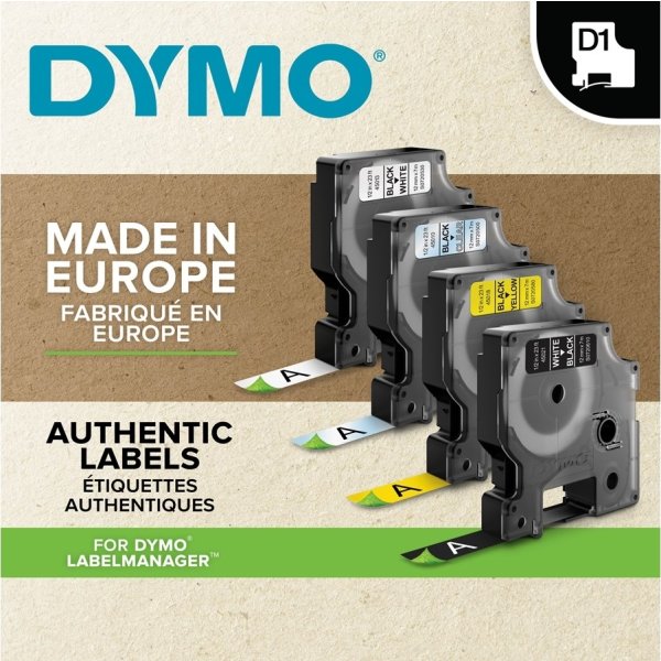 Dymo D1 etikettape, 19 mm, svart på blå