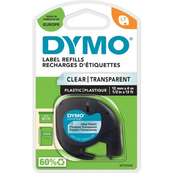 Dymo Letratag etikettape, 12 mm, svart på genomski