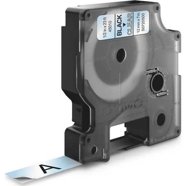 Dymo D1 etikettape, 12 mm, svart på genomskinlig