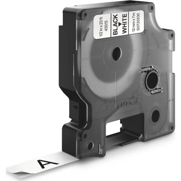 Dymo D1 etikettape, 12 mm, svart på vit