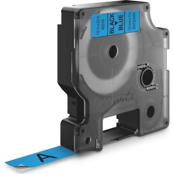 Dymo D1 etikettape, 12 mm, svart på blå