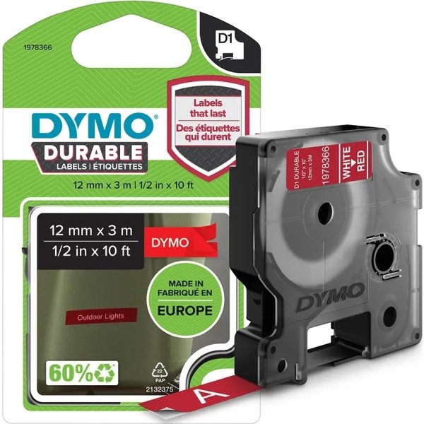 Dymo D1 Durable märktejp 12mm, vit på röd