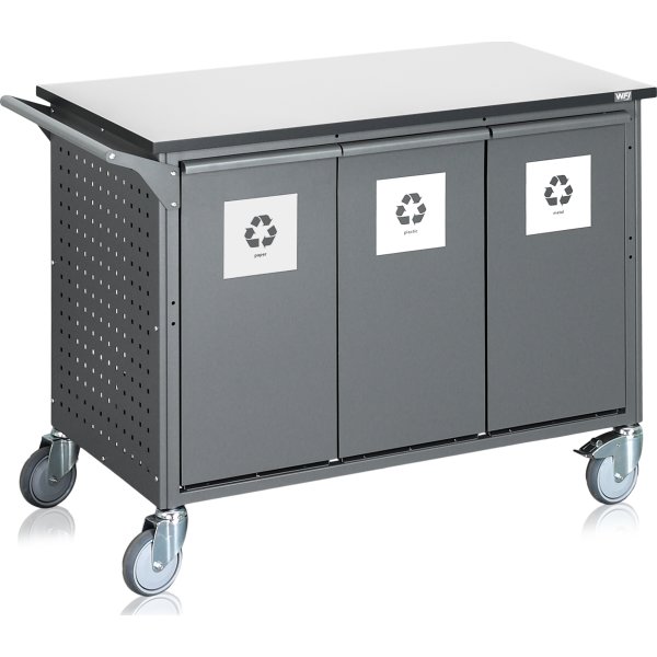Avfallssorteringsvagn, 6 behållare, 300 L, grå