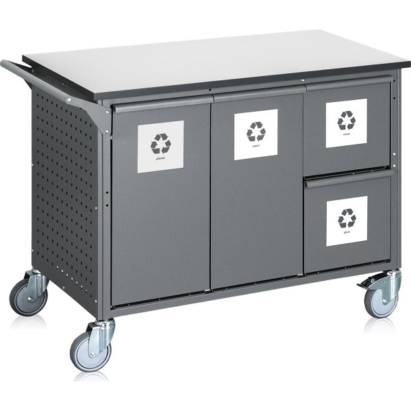 Avfallssorteringsvagn, 8 behållare, 280 L., grå