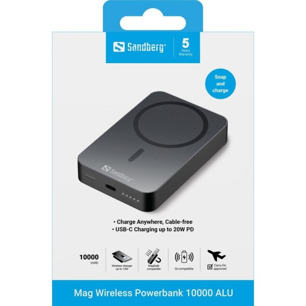 Sandberg Powerbank, Magnet, Trådlös - 10000 mAh