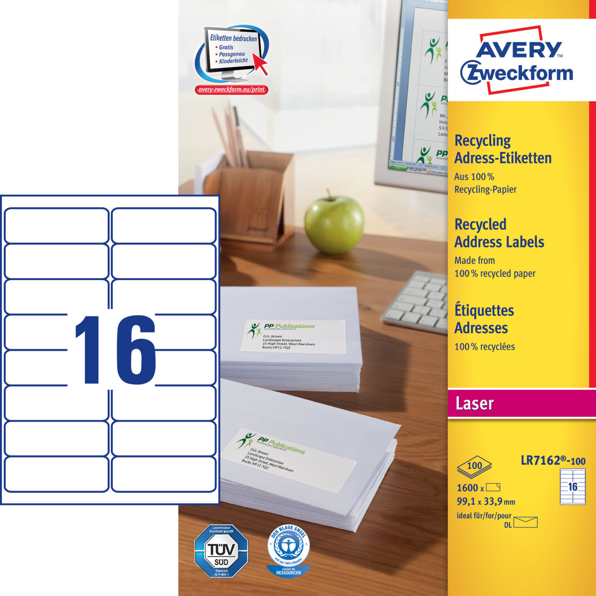 Avery LR7162-100 adressetiketter, 99,1 x 33,9 mm
