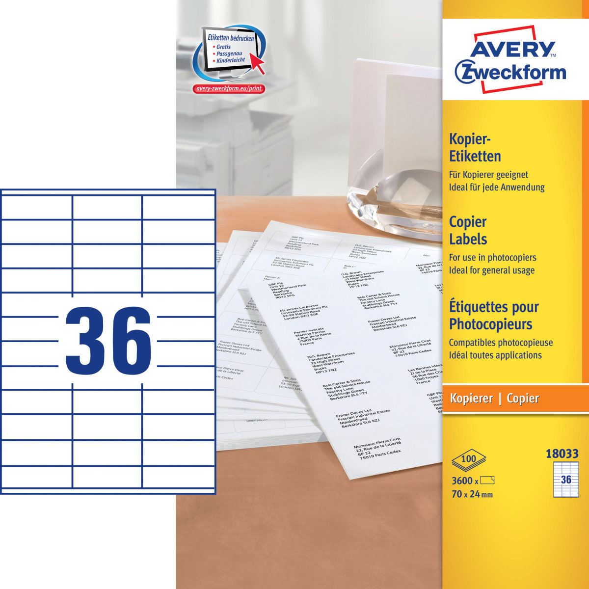 Avery 18033 kopietiketter, 24 x 70mm, 3600stk