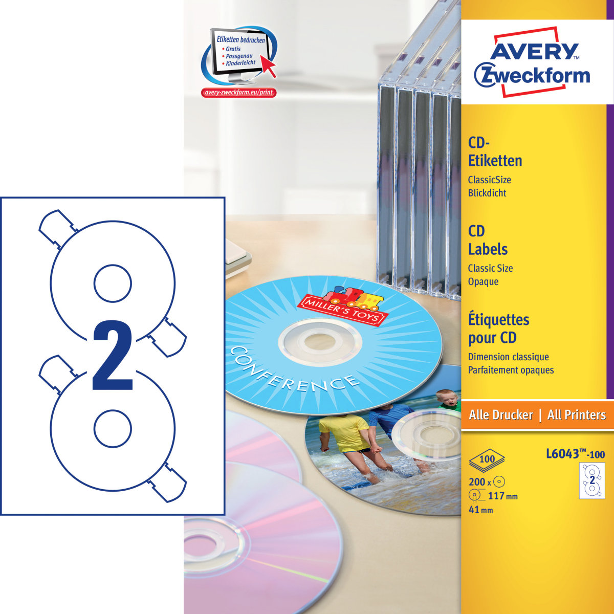 Avery L6043-100 CD-etiketter, 117 mm, bläckstråle/