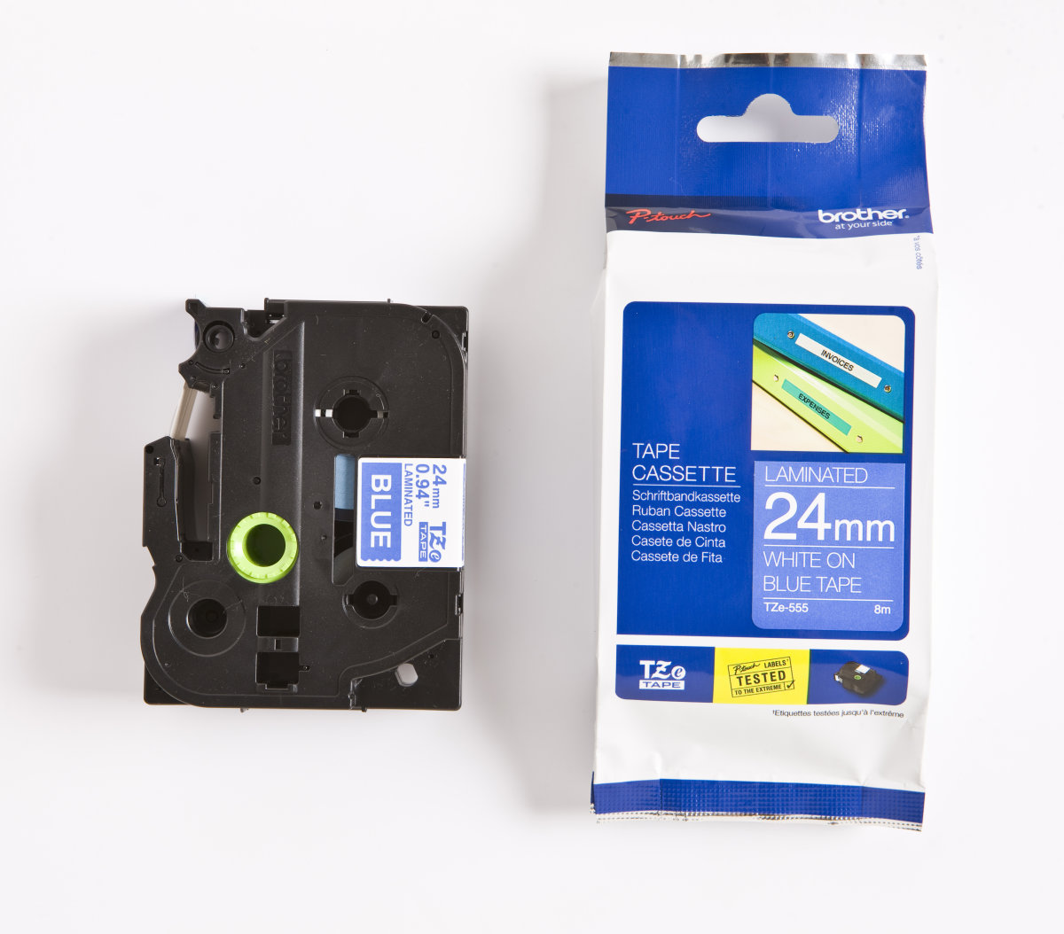 Brother TZe-555 labeltape 24mm, hvid på blå