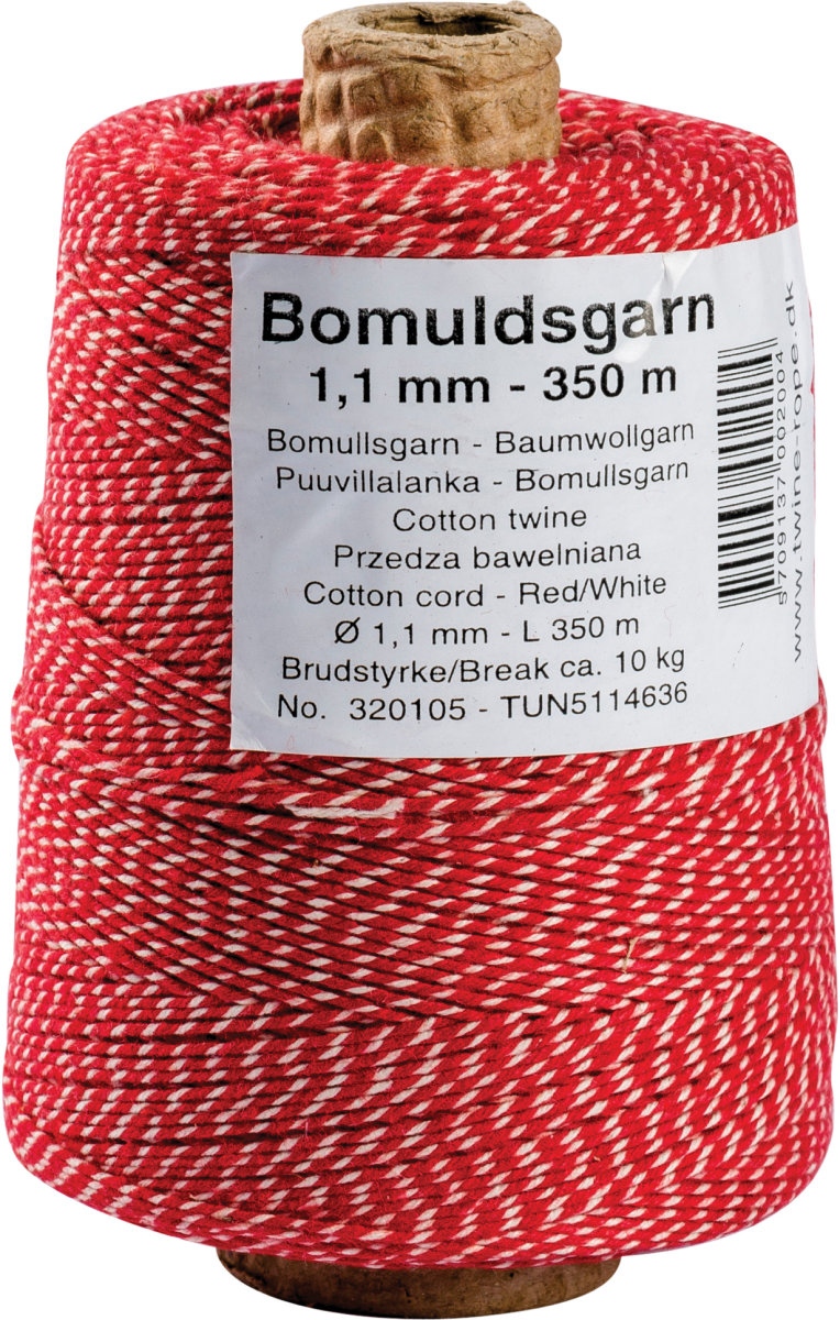 Bomullssnöre 1,1 mm x 350 m, röd/vit