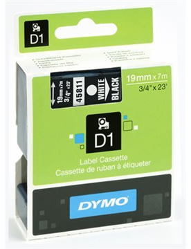 Dymo D1 labeltape 19mm, hvid på sort