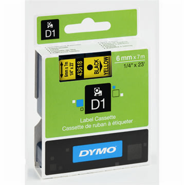 Dymo D1 labeltape 6mm, sort på gul