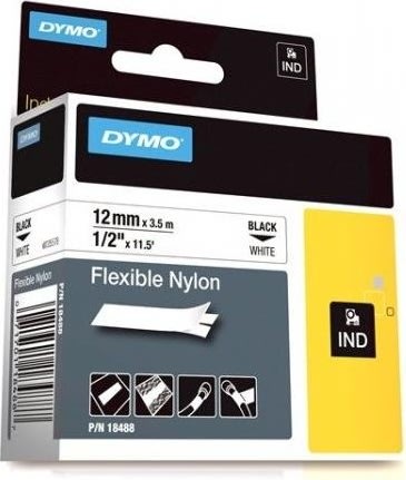 Dymo Rhino fleksibelt tape 12mm, sort på hvid