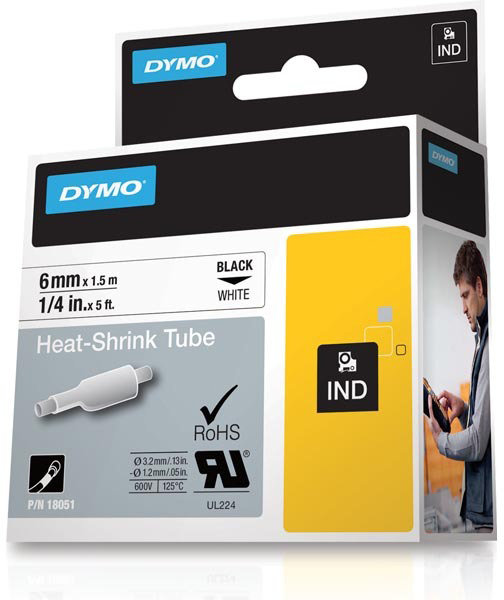 Dymo Rhinopro, 6 mm, krympeflex tape, hvid 