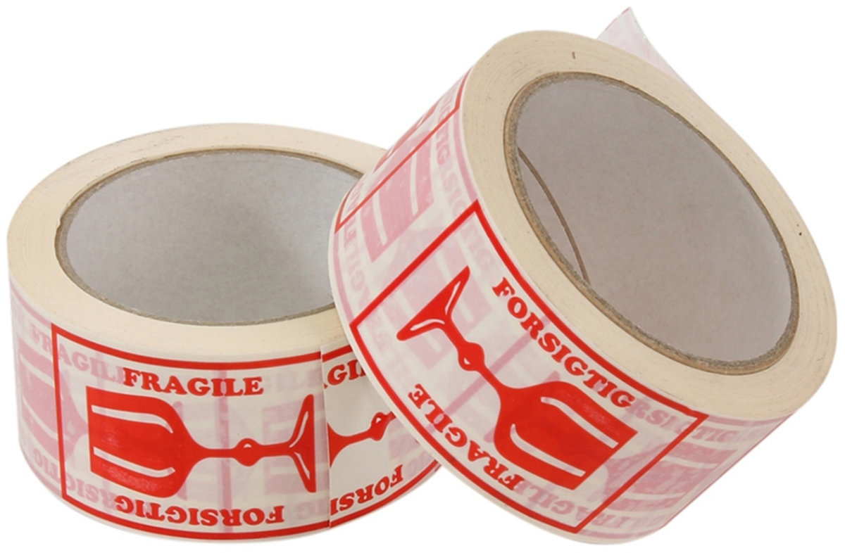 "Forsigtig" tape, hvid med rødt tryk, 50mm x 66 m