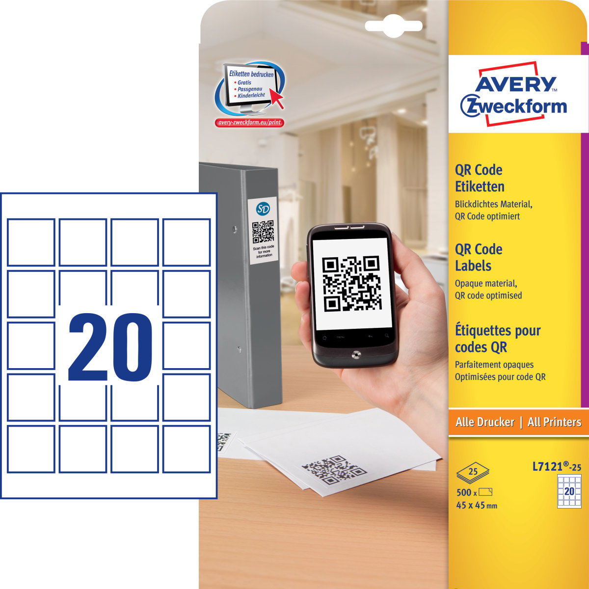 Avery L7121-25 etiketter till QR-koder, 45x45 mm