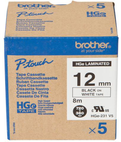Brother HGe231V5 etikettape, 12 mm, svart på vit