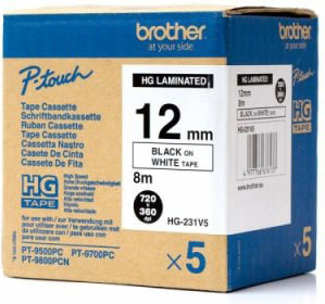 Brother HGe251V5 etikettape, 24 mm, svart på vit