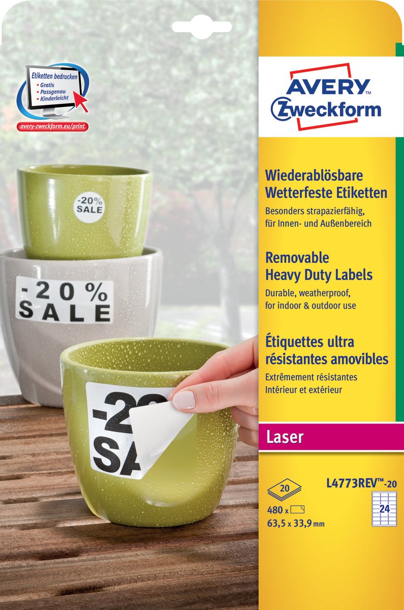 Avery L4773Rev-20 slitstarka etiketter, 63,5x33,9